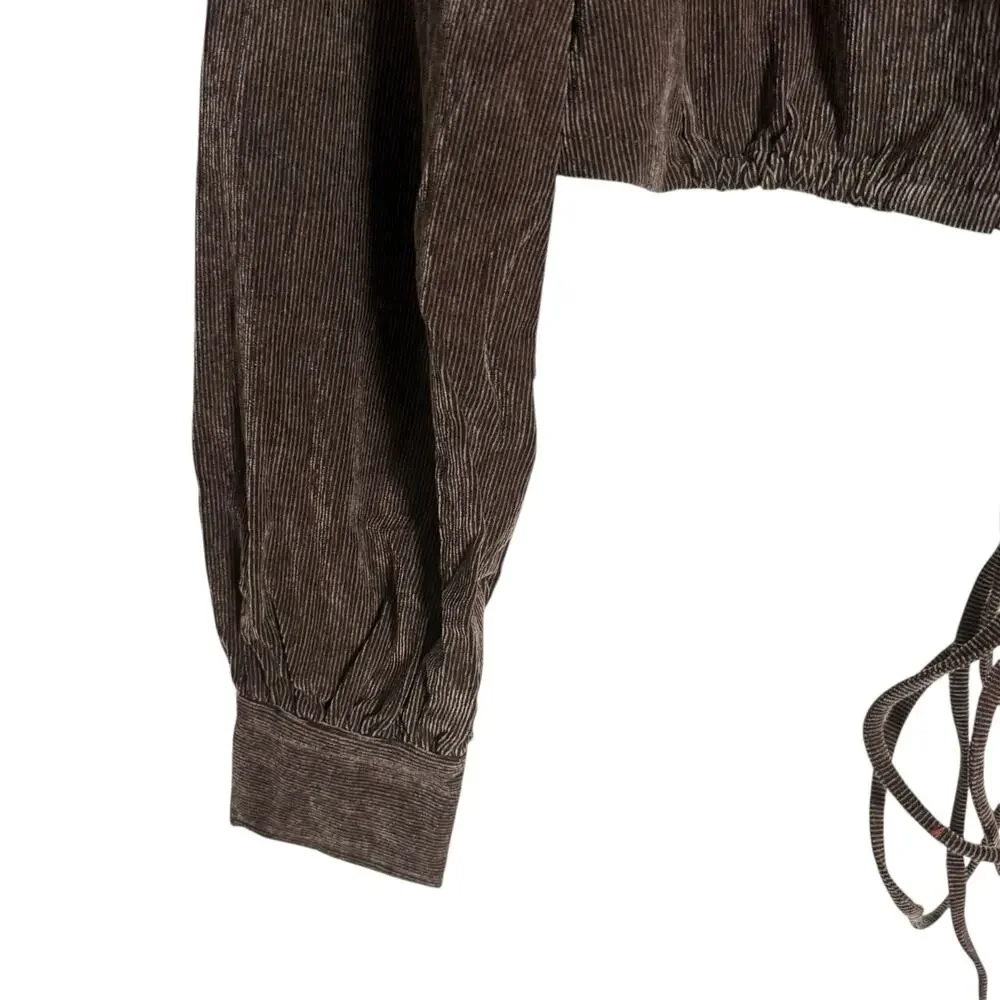 En Saison Route Wrap Brown Corduroy Wrap V-Neck Long Sleeve Crop Blouse Small